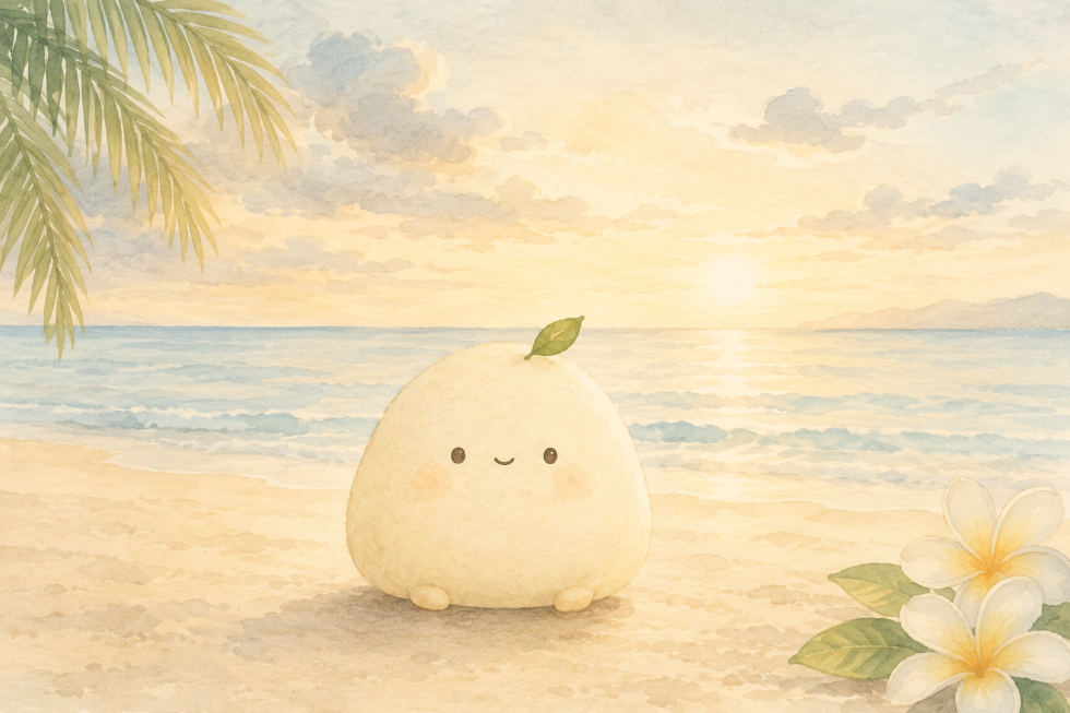 海辺にたたずむPonoの水彩イラスト